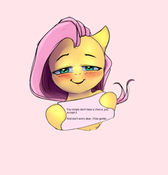 Size: 982x1024 | Tagged: safe, fluttershy, pegasus, g4, blushing, female, flutterrape, imminent rape, imminent sex, implied rape, mare, solo, text