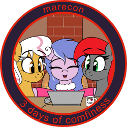 Size: 807x807 | Tagged: safe, artist:seafooddinner, oc, oc:comfy cuddles, oc:miss everymare, oc:nawni, pony, chocolate, computer, con mascot, female, fireplace, food, hot chocolate, laptop computer, mare, marecon, mug