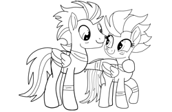 Size: 2139x1395 | Tagged: safe, artist:pinky cloudy, rainbow dash, soarin', pegasus, pony, g4, my little pony: friendship is magic, black and white, duo, duo male and female, female, grayscale, lineart, male, mare, monochrome, movie accurate, older, older rainbow dash, older soarin', older soarindash, ship:soarindash, shipping, simple background, sketch, stallion, straight, white background