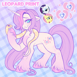 Size: 2048x2048 | Tagged: safe, artist:pinxpony, oc, oc only, oc:leopard print, pony, snake, unicorn, g4, anatomically incorrect, cascading cutie mark, colored hooves, colored pinnae, cyan eyes, eyeshadow, female, floppy ears, fusion, fusion:flarity, fusion:fluttershy, fusion:rarity, hooves, horn, incorrect leg anatomy, lidded eyes, light blue background, makeup, mare, patterned background, raised hoof, solo, standing, unicorn oc, unshorn fetlocks