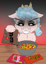 Size: 1000x1404 | Tagged: safe, artist:chopsticks, cozy glow, pegasus, pony, g4, bow, bowl, candy, cheek fluff, chest fluff, chocolate, devil horns, evil, evil smile, eyebrows, eyebrows visible through hair, female, filly, floppy ears, foal, food, freckles, gradient background, hair bow, hoof hold, horns, looking down, m&m's, ponytail, pure concentrated unfiltered evil of the utmost potency, pure unfiltered evil, reese's, reese's pieces, skittles, smiling, stray strand, table, unshorn fetlocks