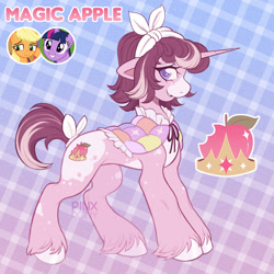 Size: 1700x1700 | Tagged: safe, artist:pinxpony, oc, oc only, oc:magic apple, pony, unicorn, g4, appaloosa, bow, coat markings, colored hooves, colored muzzle, concave belly, female, freckles, fusion:applejack, fusion:twijack, fusion:twilight sparkle, gradient background, hooves, horn, lavender eyes, leg freckles, looking at you, mare, pale belly, patterned background, purple background, purple eyes, shawl, solo, standing, tail, tail bow, unicorn oc, unshorn fetlocks