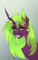 Size: 1239x1935 | Tagged: safe, artist:elektra-gertly, oc, oc only, oc:crimson acid, changeling, changeling queen, hybrid, bust, commission, green hair, horn, portrait, red eyes, smiling, smirk, solo, tongue out