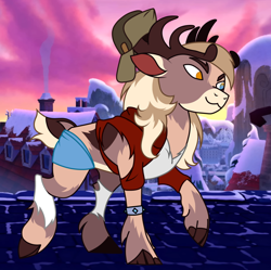 Size: 1100x1095 | Tagged: safe, anonymous artist, artist:anonymous, stronghoof hoofstrong (tfh), human, them's fightin' herds, antlers, clothes, community related, heterochromia, reine, reine city, transformation