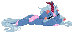 Size: 2527x1200 | Tagged: safe, artist:emberslament, oc, oc only, oc:mystic waters, kirin, cute, flower, flower in hair, heart, heart eyes, kirin oc, lying down, one eye closed, prone, simple background, sleepy, transparent background, wingding eyes