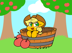 Size: 2397x1780 | Tagged: safe, artist:zutcha, applejack, earth pony, pony, g4, apple, apple tree, bucket, cute, eye clipping through hair, female, floppy ears, food, jackabetes, mare, no pupils, open mouth, open smile, remake, smiling, solo, tree