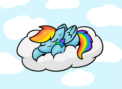 Size: 1211x882 | Tagged: safe, artist:zutcha, rainbow dash, pegasus, pony, g4, cloud, cute, dashabetes, eyes closed, female, lying down, lying on a cloud, mare, on a cloud, prone, remake, sky background, sleeping, solo