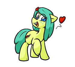 Size: 753x672 | Tagged: safe, artist:zutcha, ocellus, earth pony, pony, g4, bucktooth, disguise, disguised changeling, eye clipping through hair, female, floating heart, freckles, heart, looking at you, mare, open mouth, open smile, pony ocellus, simple background, smiling, smiling at you, solo, white background