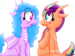 Size: 2160x1620 | Tagged: safe, artist:jesslmc16, izzy moonbow, sunny starscout, dragon, g5, alternate universe, blushing, duo, duo female, female, lesbian, looking at each other, looking at someone, mane stripe sunny, race swap, ship:moonscout, shipping, simple background, sitting, species swap, white background