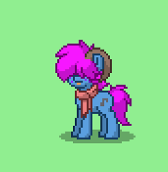 Size: 258x264 | Tagged: safe, oc, oc only, oc:bliss, oc:puffy bliss, earth pony, pony, pony town, :p, clothes, goat horns, green background, hair over eyes, horns, scarf, screenshots, simple background, solo, tongue out