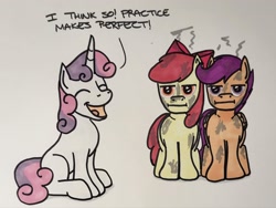 Size: 2048x1544 | Tagged: safe, artist:hoofclid, apple bloom, scootaloo, sweetie belle, earth pony, pegasus, pony, unicorn, g4, :i, apple bloom is not amused, cutie mark crusaders, dialogue, eyes closed, female, filly, foal, horn, looking at you, marker drawing, open mouth, open smile, scootaloo is not amused, singed, smiling, smoke, traditional art, trio, unamused