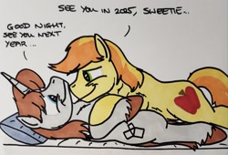 Size: 2048x1390 | Tagged: safe, artist:hoofclid, braeburn, oc, oc:hoofclid, earth pony, pony, unicorn, g4, canon x oc, chest fluff, cuddling, dialogue, duo, duo male, gay, happy new year, happy new year 2025, holiday, horn, lying down, male, marker drawing, on back, shipping, stallion, traditional art, unshorn fetlocks