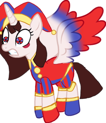 Size: 804x932 | Tagged: safe, artist:poleyfamilycrew0427, alicorn, pony, anxious, crossover, female, hat, jester, jester hat, jester outfit, mare, pomni, ponified, ponmi, simple background, solo, the amazing digital circus, white background, wings