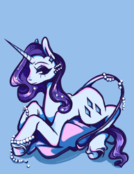 Size: 2700x3500 | Tagged: safe, artist:foxysslave, rarity, classical unicorn, pony, unicorn, g4, female, high res, horn, jewelry, leonine tail, light blue background, long feather, lying down, mare, pearl, pillow, prone, simple background, solo, unshorn fetlocks