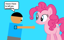 Size: 586x376 | Tagged: safe, artist:williamtheofficial, pinkie pie, oc, oc:william, earth pony, human, pony, g4, blue background, dialogue, female, looking at each other, looking at someone, male, mare, pointing, simple background