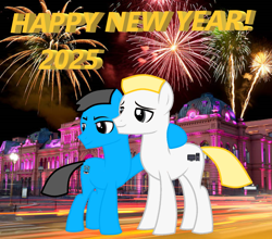 Size: 1054x927 | Tagged: safe, artist:williamtheofficial, oc, oc only, oc:diego, oc:william, earth pony, 2025, argentina, brothers, building, fireworks, happy new year, happy new year 2025, holiday, male, new year, real life background, siblings, stallion, stallion oc