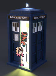 Size: 800x1080 | Tagged: safe, artist:zoeyhorse, oc, oc only, oc:gene circuits, oc:raspberry ripple, earth pony, pony, unicorn, doctor who, duo, horn, looking at each other, looking at someone, ponysona, smiling, smiling at each other, tardis