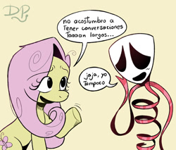 Size: 1280x1091 | Tagged: safe, artist:dumbpython, fluttershy, pegasus, pony, g4, crossover, cute, dialogue, duo, duo female, female, friendshipping, gangle, mare, mask, open mouth, open smile, ribbon, shy, shyabetes, smiling, spanish, speech bubble, talking, the amazing digital circus, translated in the comments