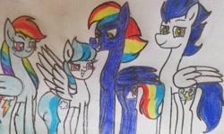 Size: 720x429 | Tagged: artist needed, oc name needed, safe, rainbow dash, soarin', oc, pegasus, pony, g4, female, filly, foal, male, mare, offspring, parent:rainbow dash, parent:soarin', parents:soarindash, ship:soarindash, shipping, stallion, straight, traditional art