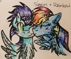 Size: 375x311 | Tagged: safe, rainbow dash, soarin', pegasus, pony, g4, cheek kiss, duo, duo male and female, female, kissing, male, mare, ship:soarindash, shipping, stallion, straight, traditional art