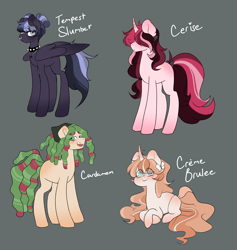 Size: 2756x2910 | Tagged: safe, artist:lilyube, oc, oc:cardamom, oc:cerise, oc:creme brulee, oc:tempest slumber, earth pony, pegasus, pony, unicorn, bandana, beanbrows, bow, choker, dreadlocks, earth pony oc, eye clipping through hair, eyebrows, eyebrows visible through hair, female, folded wings, freckles, frown, gray background, hair bow, hair over eyes, horn, jewelry, lying down, magical lesbian spawn, male, mare, necklace, nose piercing, nose ring, offspring, parent:big macintosh, parent:donut joe, parent:fleur-de-lis, parent:inky rose, parent:princess celestia, parent:rainbow dash, parent:tree hugger, parent:zephyr breeze, parents:fleurmac, parents:inkydash, parents:joelestia, parents:zephyrhugger, pegasus oc, piercing, prone, simple background, spiked choker, stallion, standing, unicorn oc, wings