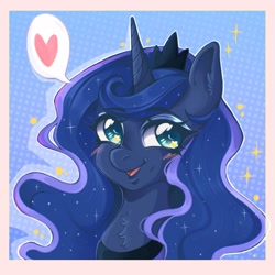 Size: 1600x1600 | Tagged: safe, artist:faelitha, princess luna, alicorn, pony, g4, blushing, crown, cute, ethereal mane, female, happy, heart, horn, icon, jewelry, lunabetes, mare, open mouth, open smile, passepartout, procreate app, regalia, smiling, solo, starry mane, stars