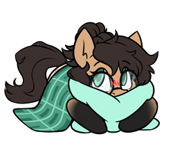 Size: 2377x1928 | Tagged: safe, artist:rivibaes, part of a set, oc, oc only, oc:nixie tube, bat pony, earth pony, hybrid, wingless bat pony, blanket, blushing, coat markings, commission, dappled, eyebrows, eyebrows visible through hair, female, glasses, hug, pillow, pillow hug, simple background, socks (coat markings), solo, transparent background, wingless, ych result