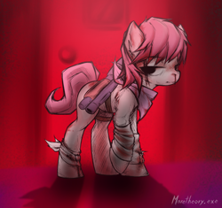 Size: 2945x2764 | Tagged: safe, artist:maretheory.exe, oc, oc only, earth pony, pony, bags under eyes, bandage, bandaged leg, blood, clothes, gradient muzzle, gun, leg warmers, my putrid ponies, shotgun, weapon