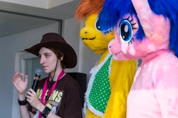 Size: 1024x681 | Tagged: safe, artist:atalonthedeer, firefly, oc, oc:canni soda, human, galacon, g1, 2012, fursuit, indoors, irl, irl human, photo, ponysuit, trio