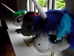 Size: 4288x3216 | Tagged: safe, artist:atalonthedeer, octavia melody, princess celestia, shining armor, galacon, g4, 2013, disembodied head, fursuit head, irl, photo, ponysuit, table, trio