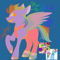 Size: 1024x1024 | Tagged: safe, artist:will._.blackwood, rainbow dash, oc, oc only, pegasus, rabbit, g4, adoptable, animal, clothes, crossover, female, fusion:jax (tadc), fusion:rainbow dash, grin, jax (tadc), male, mare, overalls, smiling, stallion, teeth, the amazing digital circus