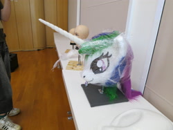 Size: 4000x3000 | Tagged: safe, artist:atalonthedeer, princess celestia, galacon, g4, 2013, disembodied head, fursuit head, irl, photo, ponysuit, table, trio