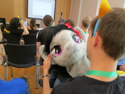 Size: 4000x3000 | Tagged: safe, artist:atalonthedeer, octavia melody, human, galacon, g4, 2013, disembodied head, fursuit head, irl, irl human, photo, ponysuit, table