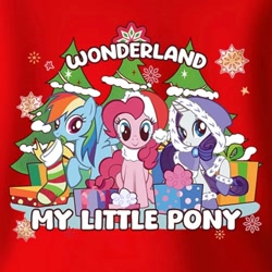 Size: 1184x1184 | Tagged: safe, pinkie pie, rainbow dash, rarity, earth pony, pegasus, pony, unicorn, g4, official, christmas, christmas tree, clothes, female, front view, hat, holiday, horn, looking at you, mare, outfit, present, raised hoof, santa hat, smiling, snow, snowflake, socks, text, tree, winter outfit