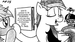 Size: 1200x675 | Tagged: safe, artist:pony-berserker, lyra heartstrings, rainbow dash, twilight sparkle, pegasus, unicorn, pony-berserker's twitter sketches, g4, book, book title humor, concerned pony, conspiracy dash, eyes closed, female, horn, implied camp, mare, oblivious, pony-berserker's twitter sketches (2025), smug, text, this will end in banishment, title, tyrant sparkle