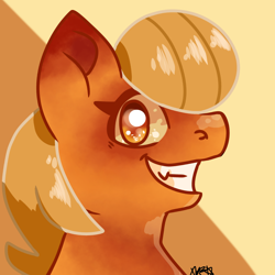 Size: 1280x1280 | Tagged: safe, artist:galactichooves, oc, oc only, oc:paitony, earth pony, pony, blonde, blonde mane, bread, bust, digital art, fangs, food, icon, looking at you, male, orange eyes, orange pony, shiny eyes, smiling, smiling at you, solo