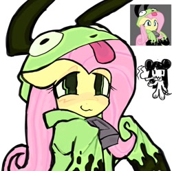 Size: 1499x1492 | Tagged: safe, artist:poniesinmyhead, fluttershy, pegasus, pony, antonymph, vylet pony, g4, bust, clothes, female, fluttgirshy, gir, hoodie, invader zim, mare, simple background, smiling, solo, white background