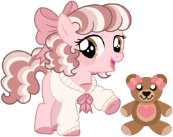 Size: 1245x990 | Tagged: safe, artist:strawberry-spritz, oc, oc only, oc:teddie love, earth pony, pony, base used, bow, brown eyes, brown mane, brown tail, cardigan, clothes, colored hooves, commission, curly mane, curly tail, eyelashes, female, female oc, filly, filly oc, foal, hair accessory, hair bow, hooves, looking back, mane accessory, neck bow, open mouth, open smile, pink bow, pink coat, pink hooves, plushie, raised hoof, show accurate, simple background, smiling, solo, standing, standing on three hooves, tail, teddy bear, three quarter view, transparent background