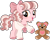 Size: 1245x990 | Tagged: safe, artist:strawberry-spritz, oc, oc only, oc:teddie love, earth pony, pony, base used, bow, brown eyes, brown mane, brown tail, cardigan, clothes, colored hooves, commission, curly mane, curly tail, eyelashes, female, female oc, filly, filly oc, foal, hair accessory, hair bow, hooves, looking back, mane accessory, neck bow, open mouth, open smile, pink bow, pink coat, pink hooves, plushie, raised hoof, show accurate, simple background, smiling, solo, standing, standing on three hooves, tail, teddy bear, three quarter view, transparent background