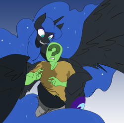 Size: 3600x3591 | Tagged: safe, artist:ponny, nightmare moon, oc, oc:anon, alicorn, human, pony, g4, clothes, colored, horn, hug, human and pony, shirt, smiling, toothy grin, worried