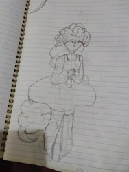 Size: 2448x3264 | Tagged: artist needed, source needed, safe, pinkie pie, human, equestria girls, g4, clothes, dress, eyes closed, high res, lined paper, monochrome, solo, tail, traditional art