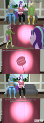 Size: 1920x5399 | Tagged: safe, artist:gradiusfanatic, starlight glimmer, trixie, oc, oc:shuffle, earth pony, unicorn, anthro, g4, 3d, comic, earth pony oc, female, high res, horn, indoors, male, source filmmaker, spanish text, tribal pony