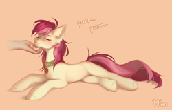 Size: 4520x2894 | Tagged: safe, artist:miurimau, roseluck, earth pony, pony, g4, behaving like a cat, collar, commission, commissioner:doom9454, cute, eyes closed, hand, lying down, offscreen character, offscreen human, pet tag, petting, pony pet, purring, rosepet