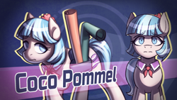 Size: 1920x1080 | Tagged: safe, artist:bkiltersot, coco pommel, earth pony, pony, g4, bag, danganronpa, female, front view, mare, nervous, saddle bag, solo, style emulation, text