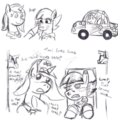 Size: 800x849 | Tagged: safe, artist:jargon scott, princess cadance, oc, oc only, oc:limit state, oc:low rider, pegasus, pony, unicorn, g4, boop, car, clothes, dialogue, driving, female, grayscale, hard hat, hat, horn, mare, monochrome, necktie, open mouth, pegasus oc, smiling, sticker, unicorn oc