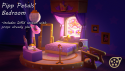 Size: 3840x2160 | Tagged: safe, artist:psfmer, spike, g5, 3d, 3d model, bed, bedroom, caption, cellphone, computer, crystal brighthouse, download at source, downloadable, implied pipp petals, indoors, laptop computer, microphone, mirror, no pony, painting, phone, pillow, pipp petals's bedroom, plushie, smartphone, source filmmaker, spike plushie, star pillow, text