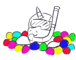 Size: 441x348 | Tagged: safe, artist:jargon scott, oc, oc:limit state, pony, unicorn, ball, ball pit, female, horn, mare, partial color, scuba gear, smiling, snorkel, solo, unicorn oc