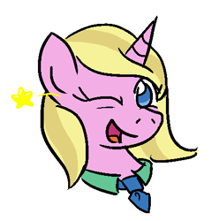 Size: 450x454 | Tagged: safe, artist:jargon scott, oc, oc only, oc:limit state, pony, unicorn, bust, clothes, female, horn, looking at you, mare, necktie, one eye closed, open mouth, open smile, portrait, simple background, smiling, solo, stars, unicorn oc, white background, wink