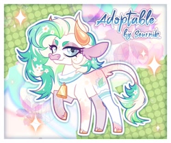 Size: 2560x2136 | Tagged: safe, artist:seurnik, oc, oc only, cow, abstract background, adoptable, adoption, auction, auction open, bell, bell choker, chamomile, choker, clothes, colored hooves, cow ears, cow tail, cowbell, cute, eyeshadow, flower, fluffy, gold hooves, golden horns, gray eyes, green mane, hooves, long eyelashes, makeup, passepartout, pink eyeshadow, pink nose, pink spots, solo, spots, stockings, tail, thigh highs, white coat, ychcommission