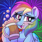 Size: 2457x2454 | Tagged: safe, artist:graphene, rainbow dash, pegasus, pony, g4, blushing, cider, female, fireworks, looking at you, mare, mug, multicolored hair, rainbow hair, solo, tankard